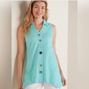 Soft Surroundings Tank Top Size 3X Danielle Button Tunic Artsy Lagenlook Blue